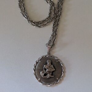 Anson Pewter Necklace Silver Tone Stamped Aquarius 12" Chain 1" Round Pendant